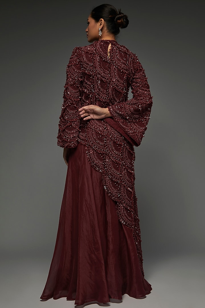 Maroon Tulle Embroidered Kurta Set by Ridhima Bhasin at Pernia's Pop Up Shop
