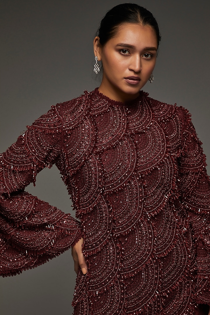 Maroon Tulle Embroidered Kurta Set by Ridhima Bhasin at Pernia's Pop Up Shop