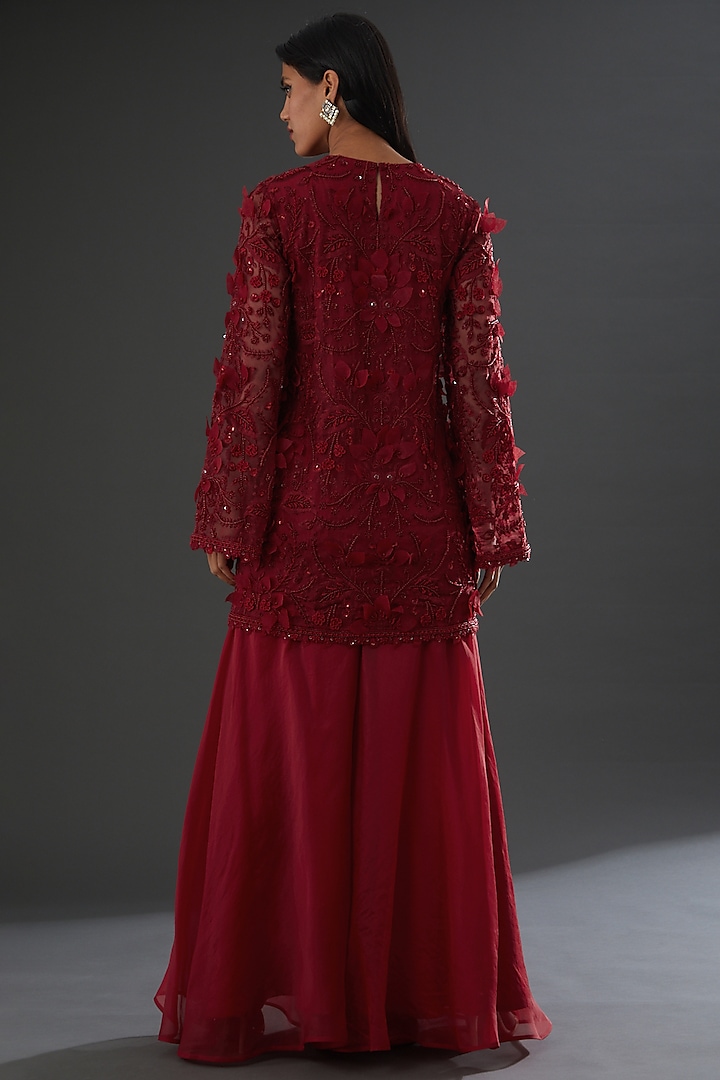 Red Tulle & Organza Wedding Sharara Set by Ridhima Bhasin at Pernia's Pop Up Shop