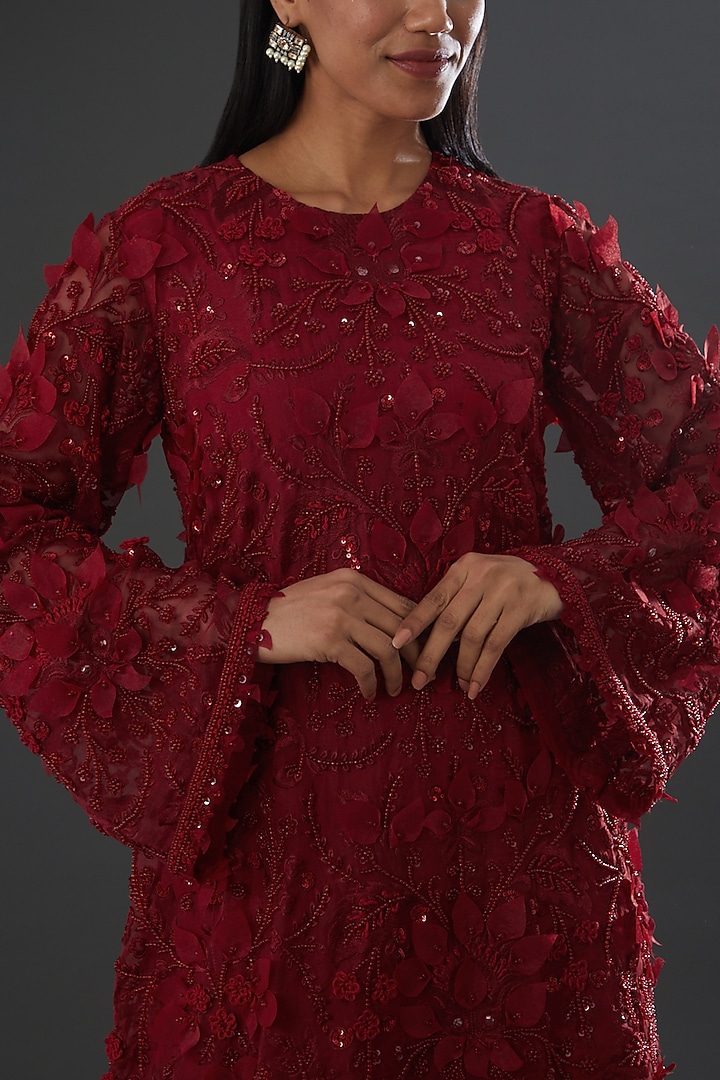 Red Tulle & Organza Wedding Sharara Set by Ridhima Bhasin at Pernia's Pop Up Shop