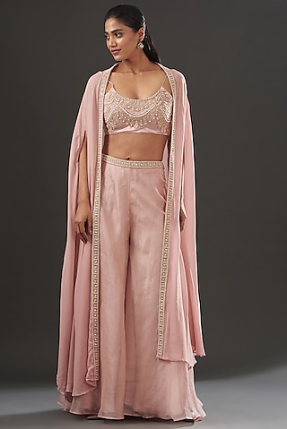 Blush Pink Organza Pearl Embellished Cape Set by Ridhima Bhasin