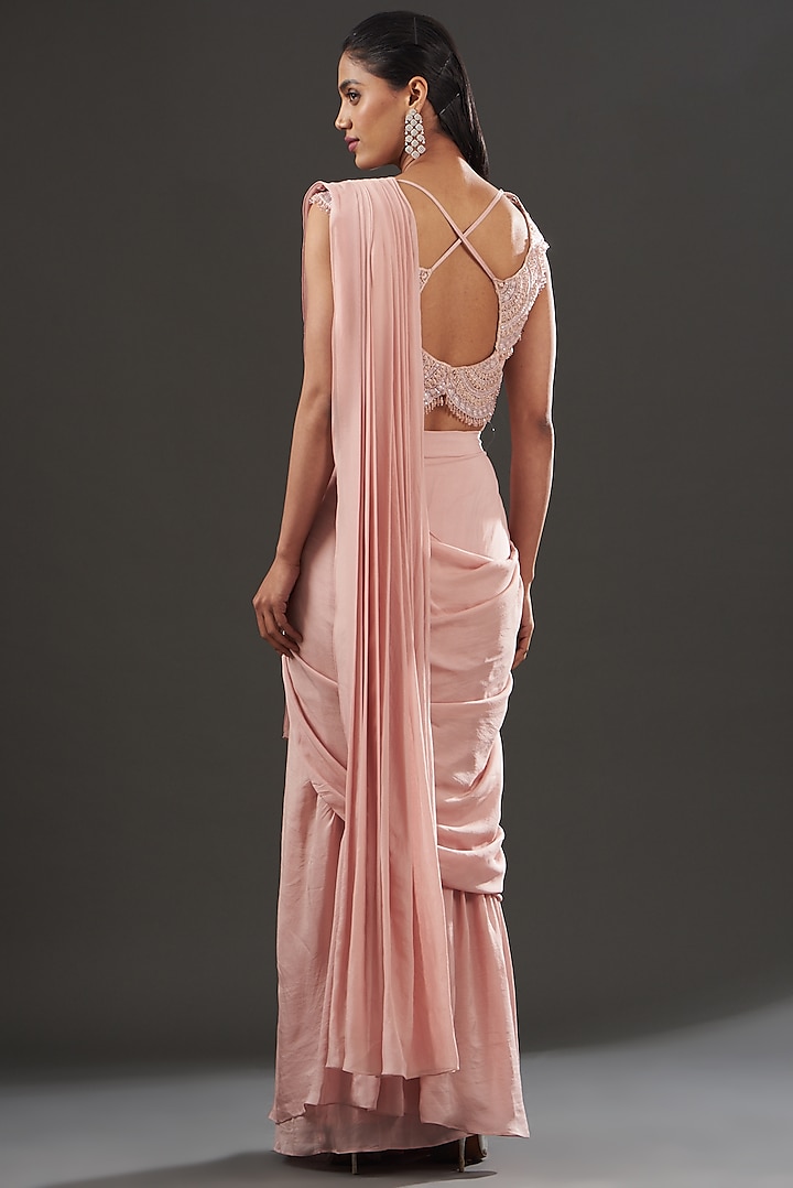 Blush Pink Chiffon & Tulle Pre-Draped Wedding Saree Set by Ridhima Bhasin at Pernia's Pop Up Shop