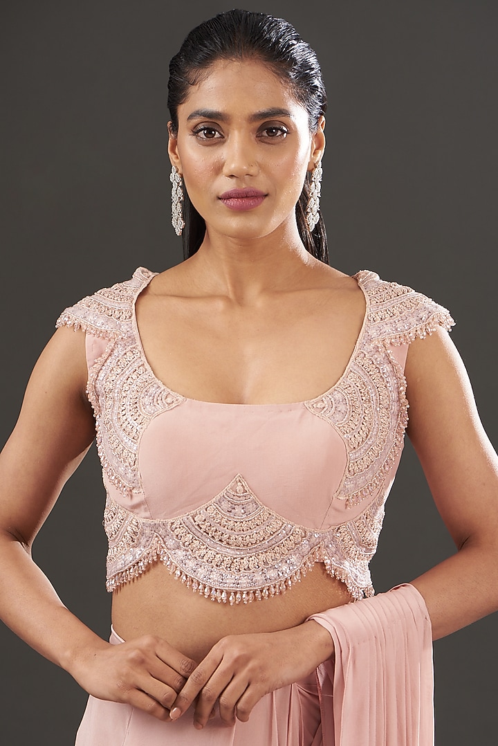 Blush Pink Chiffon & Tulle Pre-Draped Wedding Saree Set by Ridhima Bhasin at Pernia's Pop Up Shop