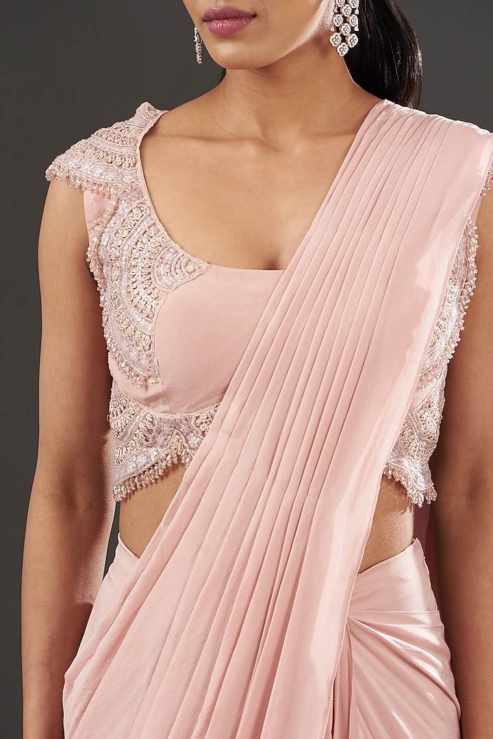 Blush Pink Chiffon & Tulle Pre-Draped Wedding Saree Set by Ridhima Bhasin at Pernia's Pop Up Shop