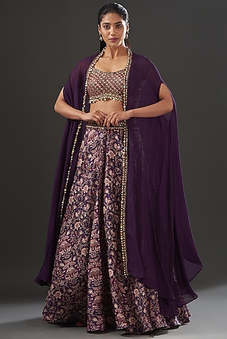 Mauve Georgette Printed Jacket Lehenga Set by Ridhima Bhasin