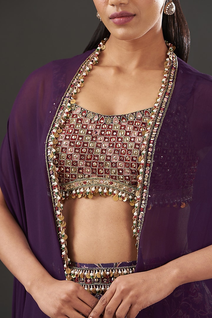 Mauve Georgette Printed Jacket Wedding Lehenga Set by Ridhima Bhasin at Pernia's Pop Up Shop