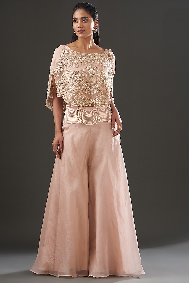 Blush Pink Organza Embellished Cape Set by Ridhima Bhasin at Pernia's Pop Up Shop