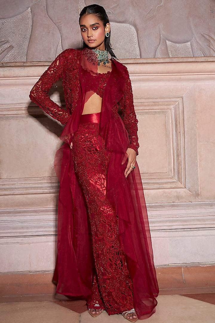 Red Pure Organza & Satin Embroidered Jacket Set by Ridhima Bhasin