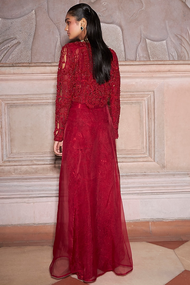 Red Pure Organza & Satin Embroidered Jacket Set by Ridhima Bhasin at Pernia's Pop Up Shop