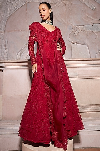 Red Pure Organza & Net 3D Floral Embellished Anarkali by Ridhima Bhasin