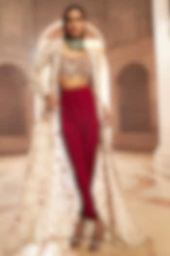 Ivory & Red Pure Organza Pearl Embroidered Jacket Set by Ridhima Bhasin at Pernia's Pop Up Shop