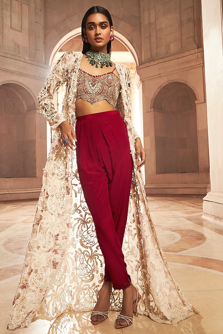 Ivory & Red Pure Organza Pearl Embroidered Jacket Set by Ridhima Bhasin at Pernia's Pop Up Shop