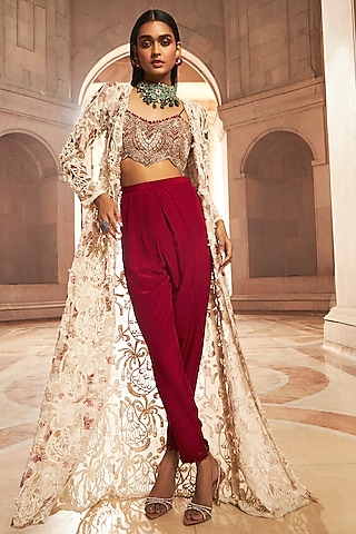 Ivory & Red Pure Organza Pearl Embroidered Jacket Set by Ridhima Bhasin