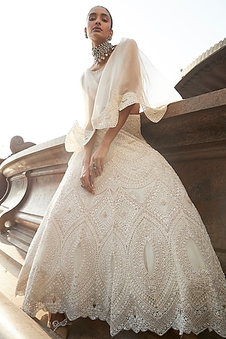 Ivory Organza & Net Embroidered Lehenga Set by Ridhima Bhasin