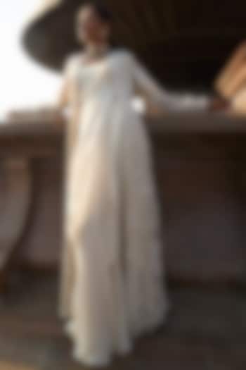 Ivory Organza & Flat Chiffon Hand Embroidered Pre-Draped Bridal Saree Set by Ridhima Bhasin at Pernia's Pop Up Shop