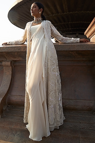 Ivory Organza & Flat Chiffon Hand Embroidered Pre-Draped Saree Set by Ridhima Bhasin