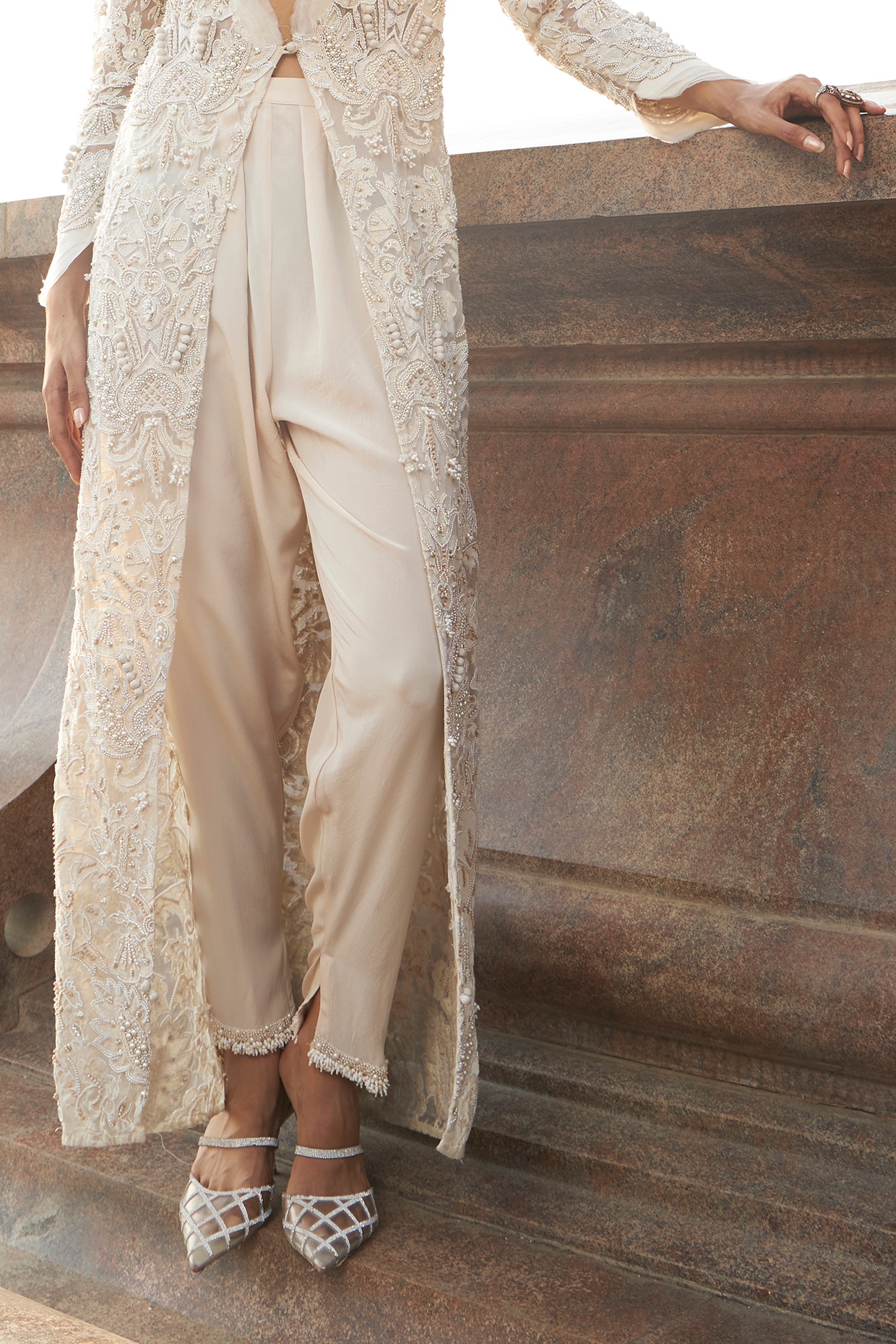 Ivory Pure Organza & Crepe Pearl Jacket Set by Ridhima