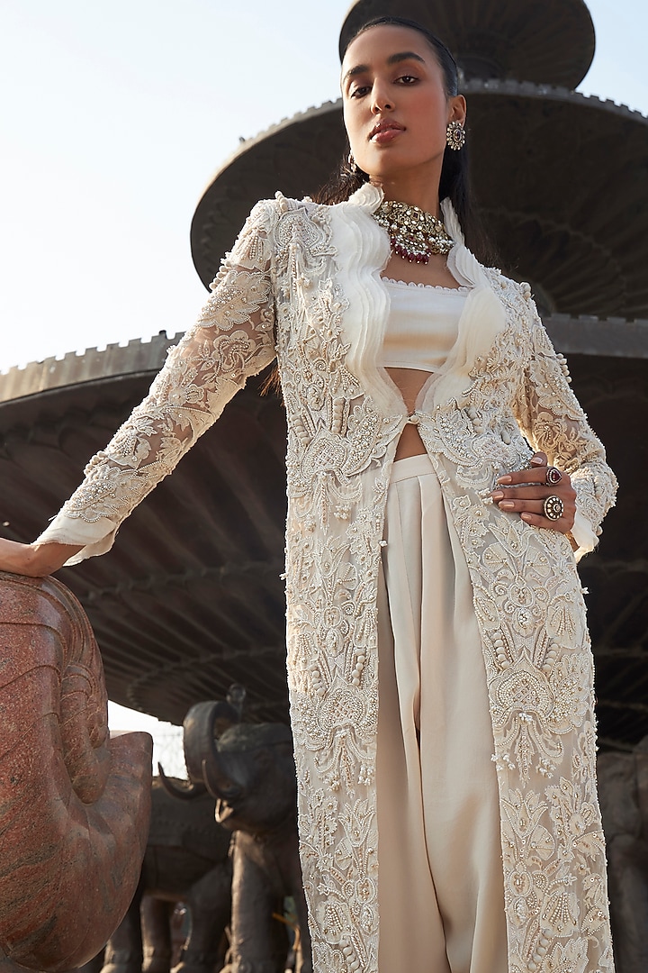 Ivory Pure Organza & Crepe Pearl Jacket Set by Ridhima Bhasin at Pernia's Pop Up Shop