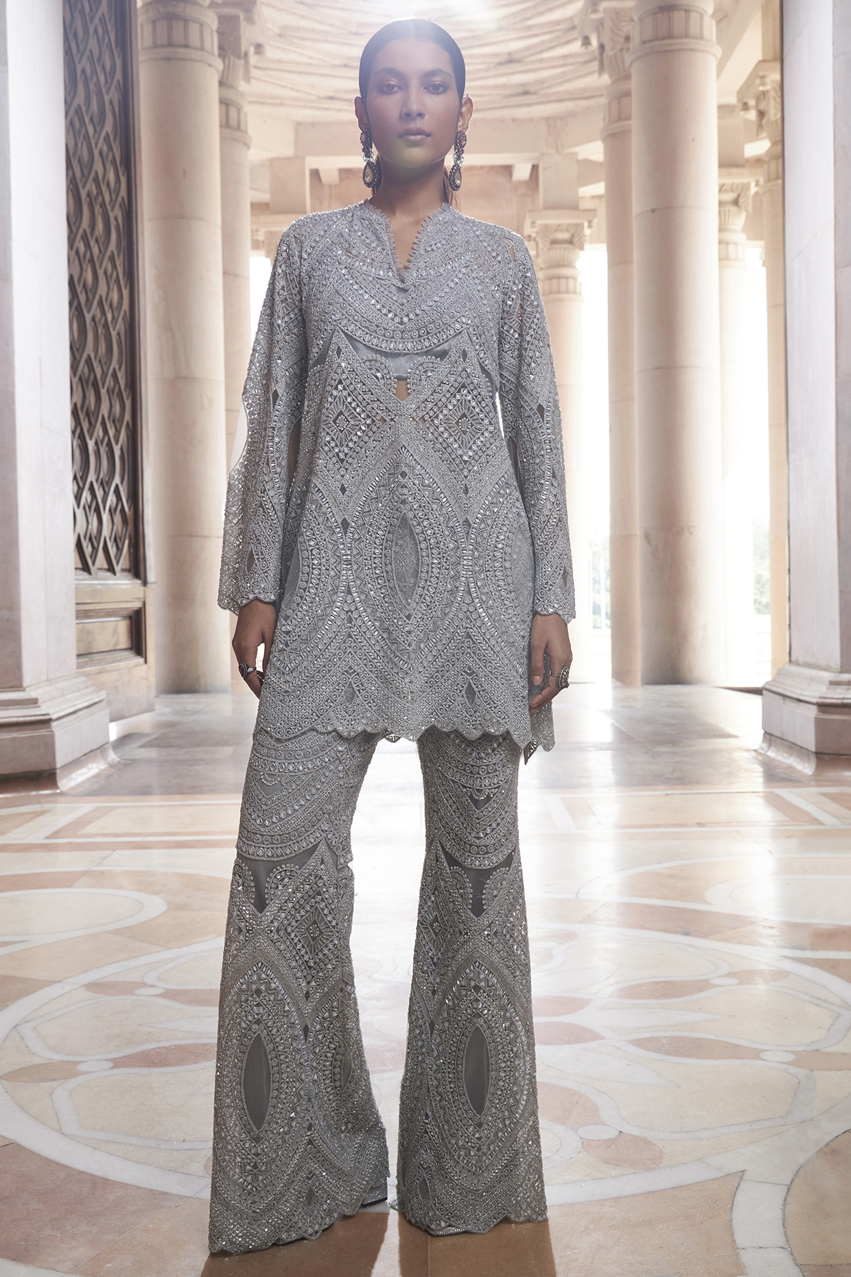 Grey Net Embroidered Co-Ord Set by Ridhima Bhasin at Pernia's Pop Up Shop