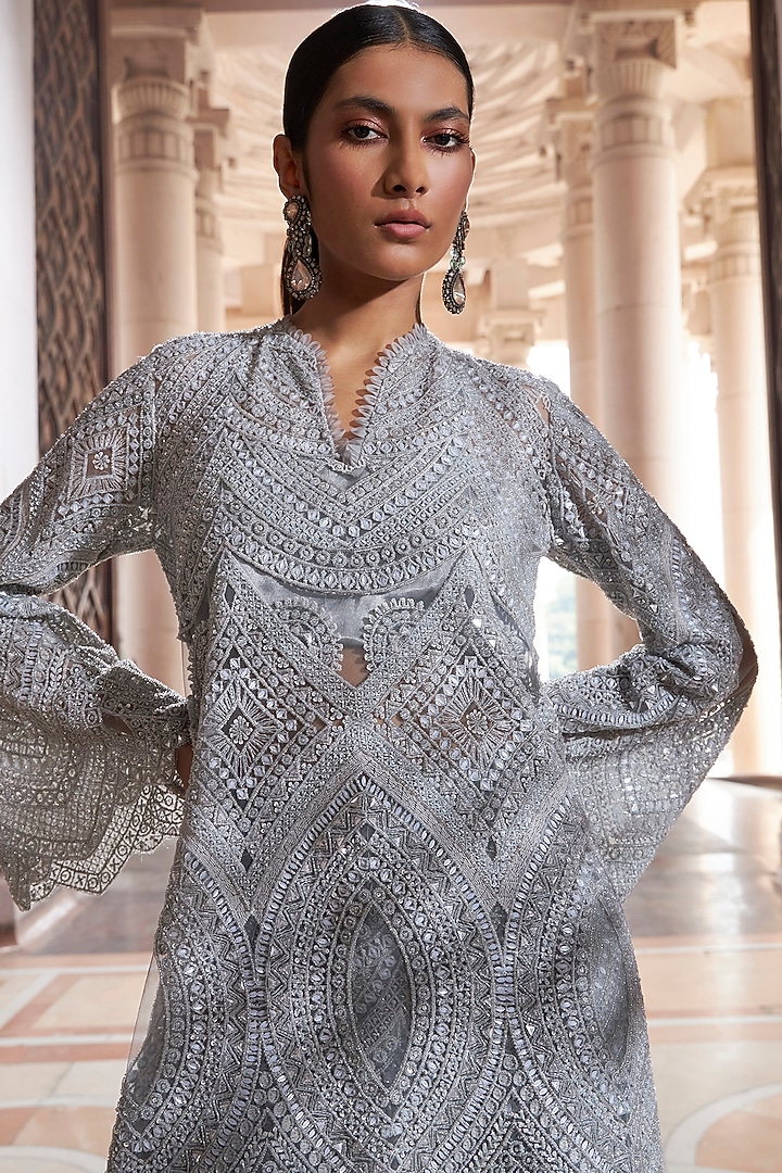 Grey Net Embroidered Co-Ord Set by Ridhima Bhasin at Pernia's Pop Up Shop