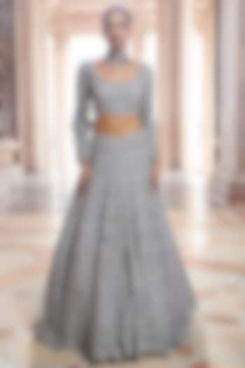 Grey Pure Organza & Net Embroidered Handcrafted Lehenga Set by Ridhima Bhasin