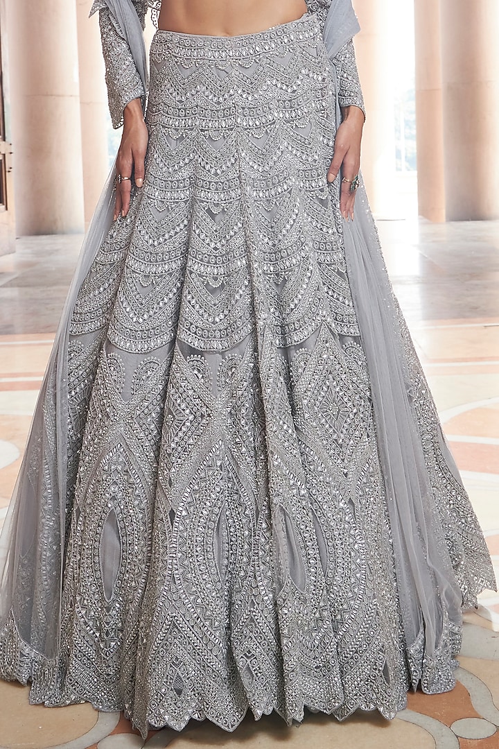 Grey Pure Organza & Net Embroidered Handcrafted Bridal Lehenga Set by Ridhima Bhasin at Pernia's Pop Up Shop