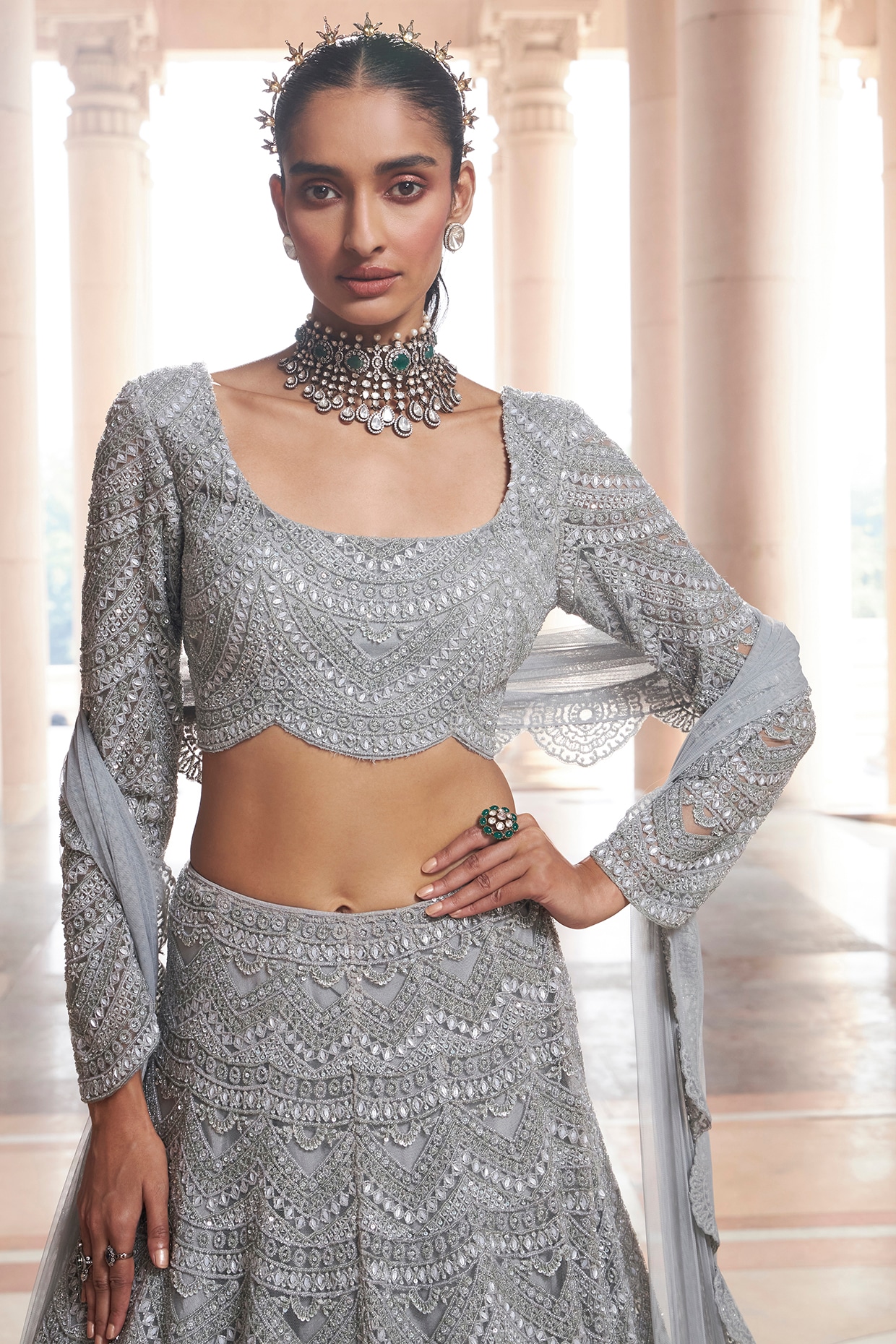 STEEL GREY SILVER LEHENGA SET WITH ALL OVER SILVER AND GOLD LACE EMBROIDERY  PAIRED WITH A MATCHING DUPATTA AND ALL OVER SILVER AND GOLD EMBELLISHMENTS.  - Seasons India