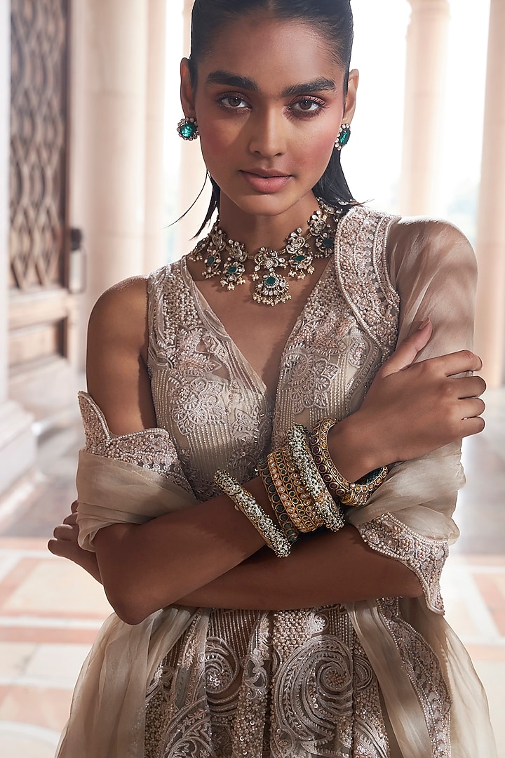 Beige Net & Pure Organza Embroidered Bridal Sharara Set by Ridhima Bhasin at Pernia's Pop Up Shop