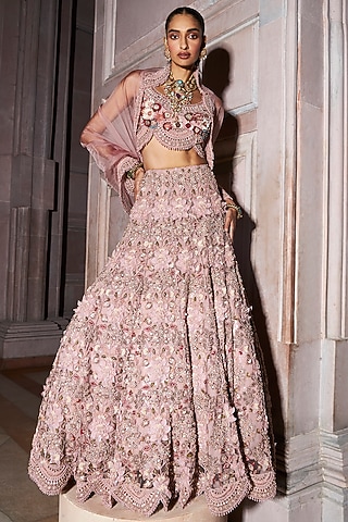 Blush Pink Pure Organza & Net Embellished Lehenga Set by Ridhima Bhasin