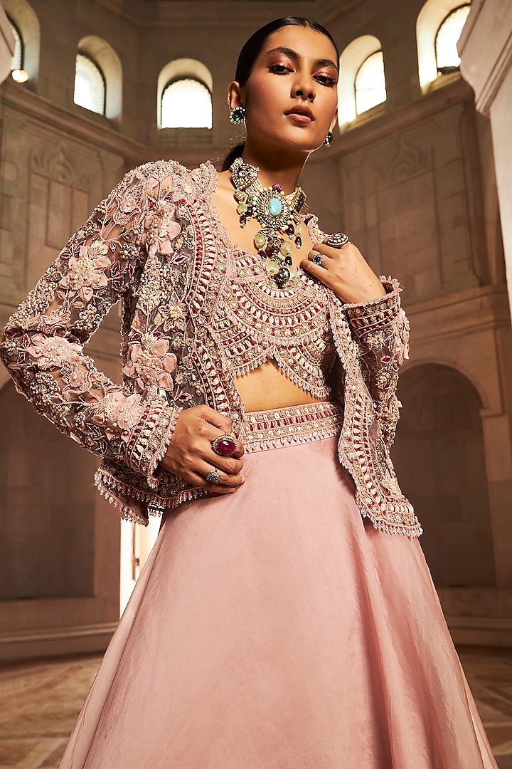 Blush Pink Pure Organza & Chiffon Flowy Skirt Set by Ridhima Bhasin at Pernia's Pop Up Shop