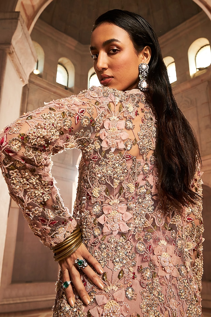 Blush Pink 3D Embellished Jacket Set by Ridhima Bhasin at Pernia's Pop Up Shop