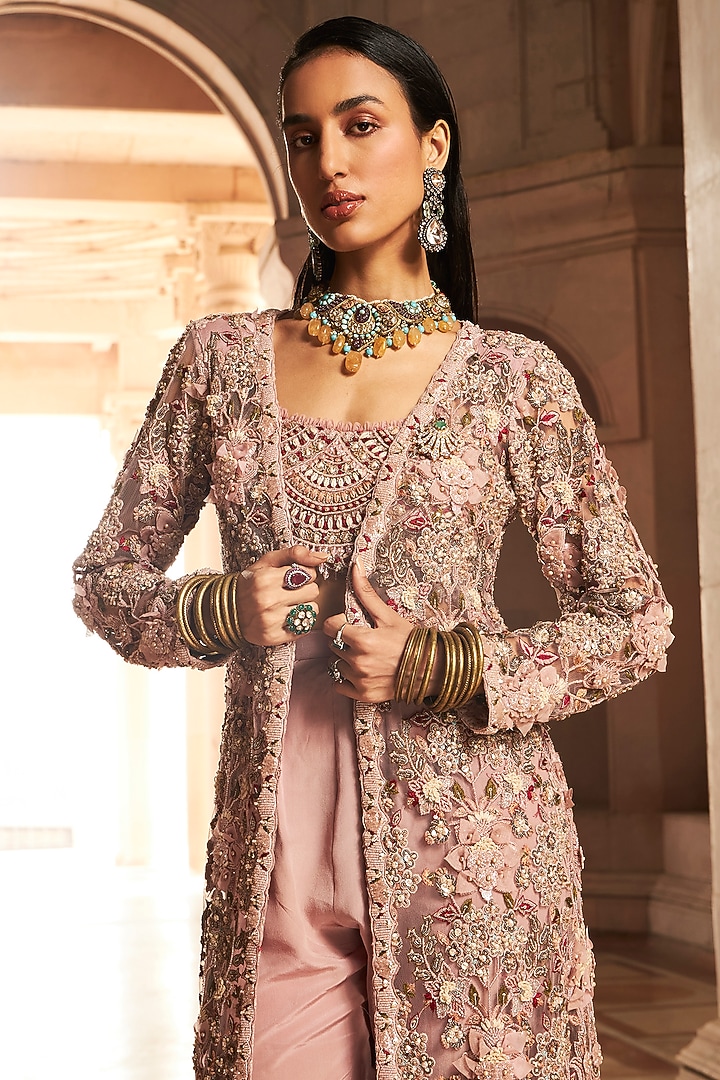 Blush Pink 3D Embellished Jacket Set by Ridhima Bhasin at Pernia's Pop Up Shop