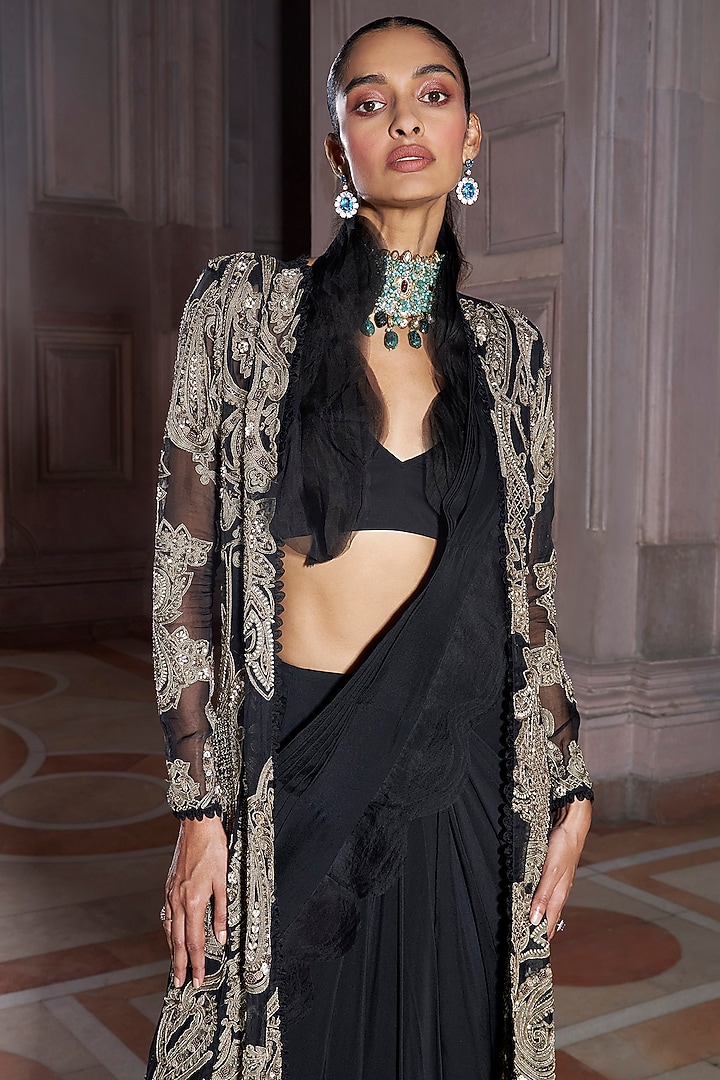 Black Organza & Flat Chiffon Pre-Draped Bridal Saree Set by Ridhima Bhasin at Pernia's Pop Up Shop