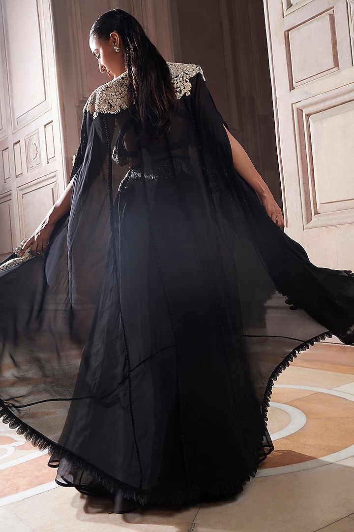 Black Pure Georgette & Pure Organza Embroidered Cape Set by Ridhima Bhasin at Pernia's Pop Up Shop