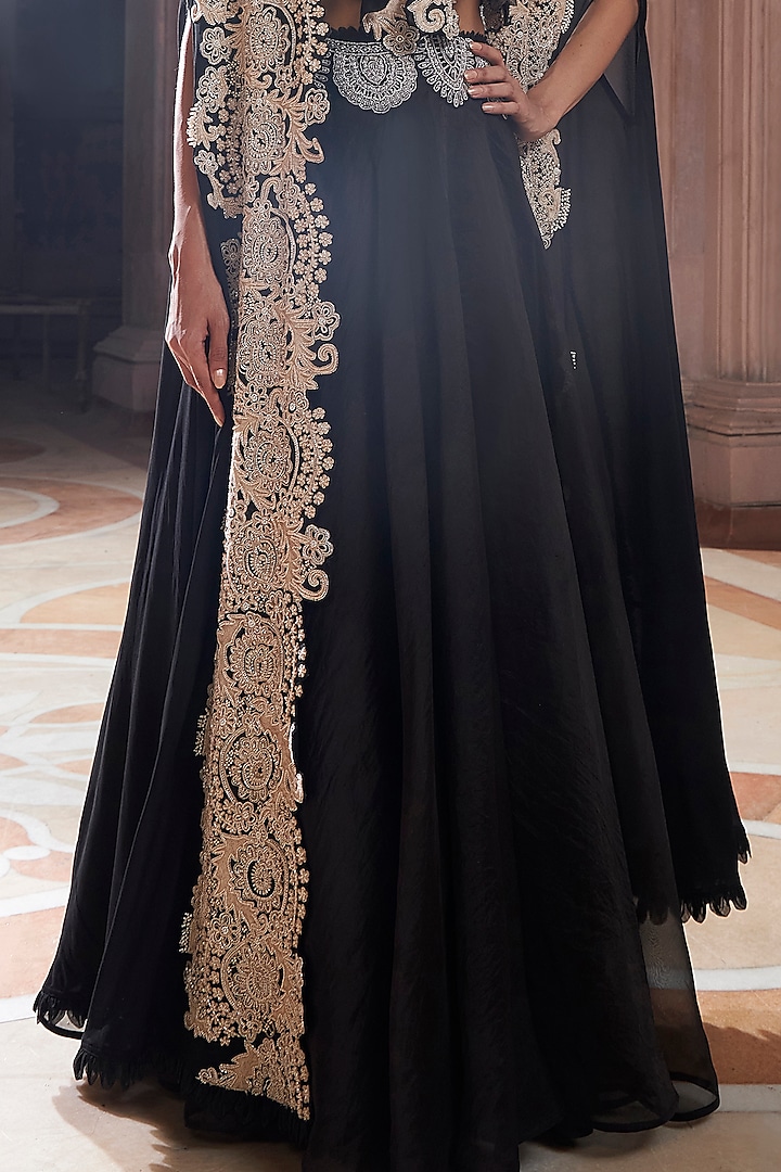 Black Pure Georgette & Pure Organza Embroidered Cape Set by Ridhima Bhasin at Pernia's Pop Up Shop