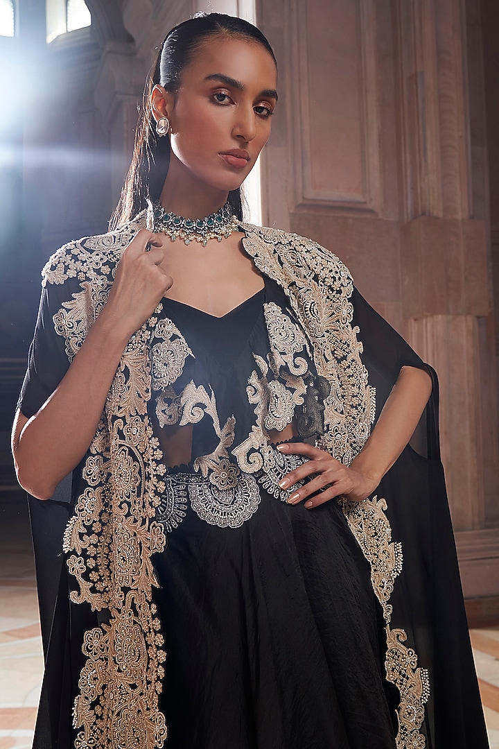 Black Pure Georgette & Pure Organza Embroidered Cape Set by Ridhima Bhasin at Pernia's Pop Up Shop