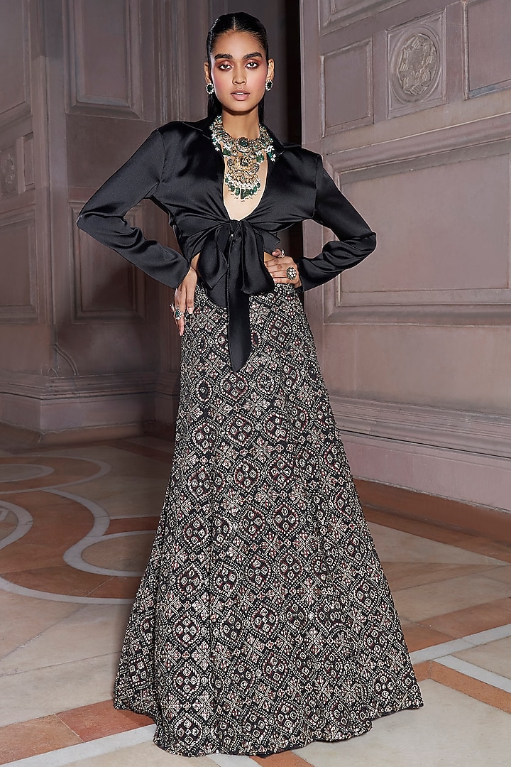 Black Georgette & Satin Hand Embroidered Skirt Set by Ridhima Bhasin