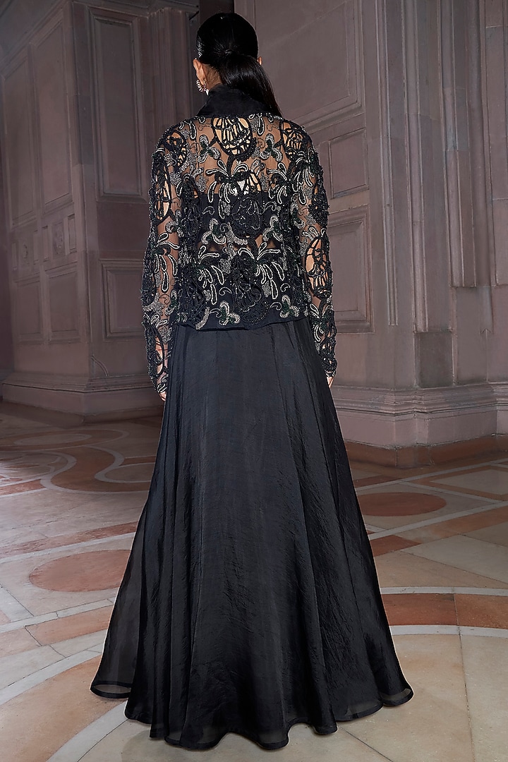 Black Pure Organza Flowy Skirt Set by Ridhima Bhasin at Pernia's Pop Up Shop