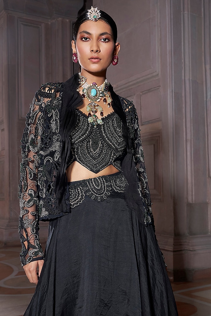 Black Pure Organza Flowy Skirt Set by Ridhima Bhasin at Pernia's Pop Up Shop
