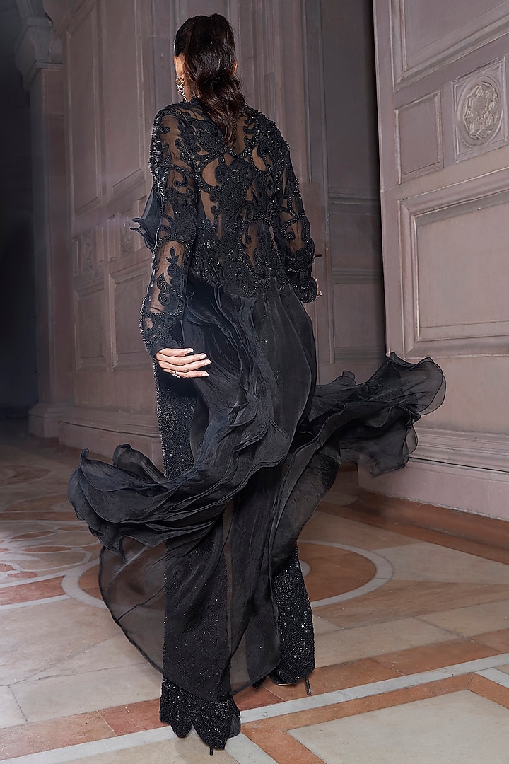 Black Pure Organza Jacket Set by Ridhima Bhasin at Pernia's Pop Up Shop