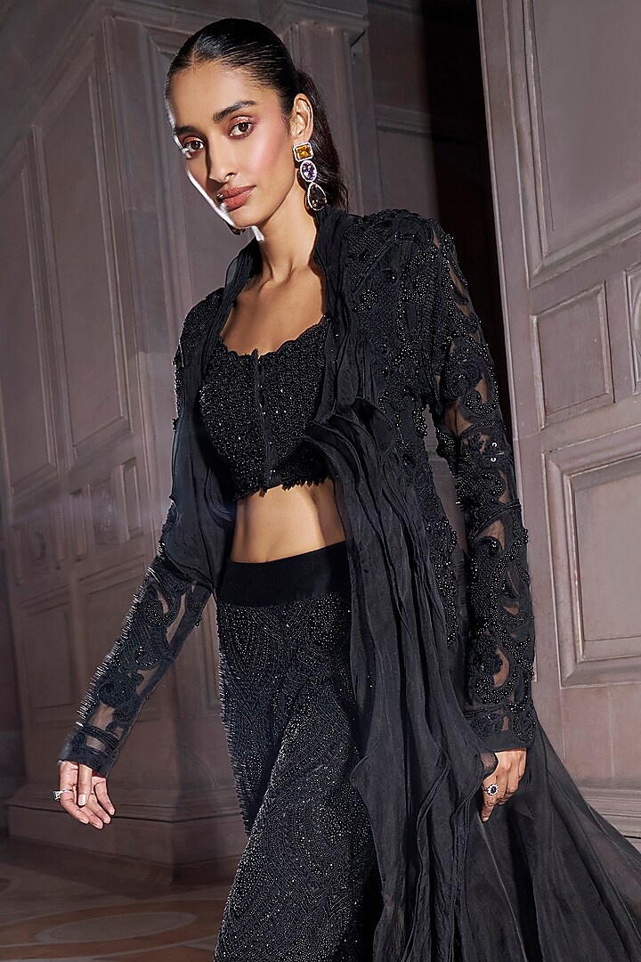 Black Pure Organza Jacket Set by Ridhima Bhasin at Pernia's Pop Up Shop