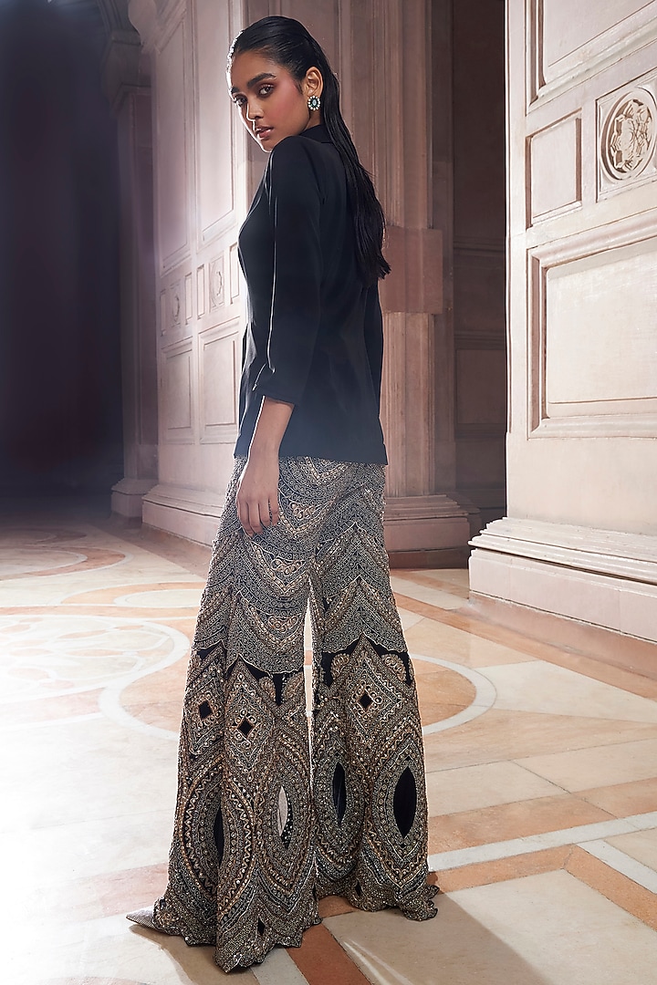 Black Crepe & Net Blazer Set by Ridhima Bhasin at Pernia's Pop Up Shop