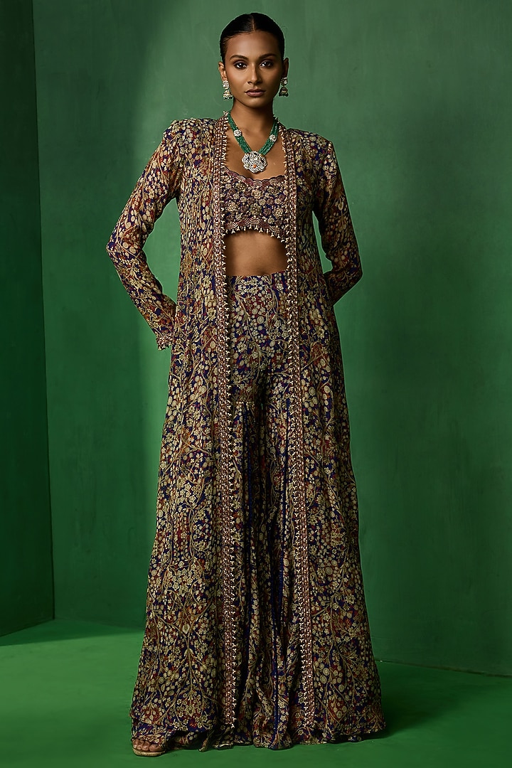 Blue Chiffon Printed Wedding Sharara Set by Ridhima Bhasin at Pernia's Pop Up Shop
