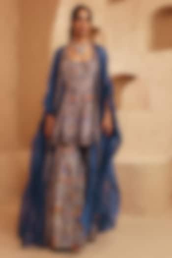 Blue Organza & Chanderi Printed Wedding Sharara Set by Ridhima Bhasin at Pernia's Pop Up Shop