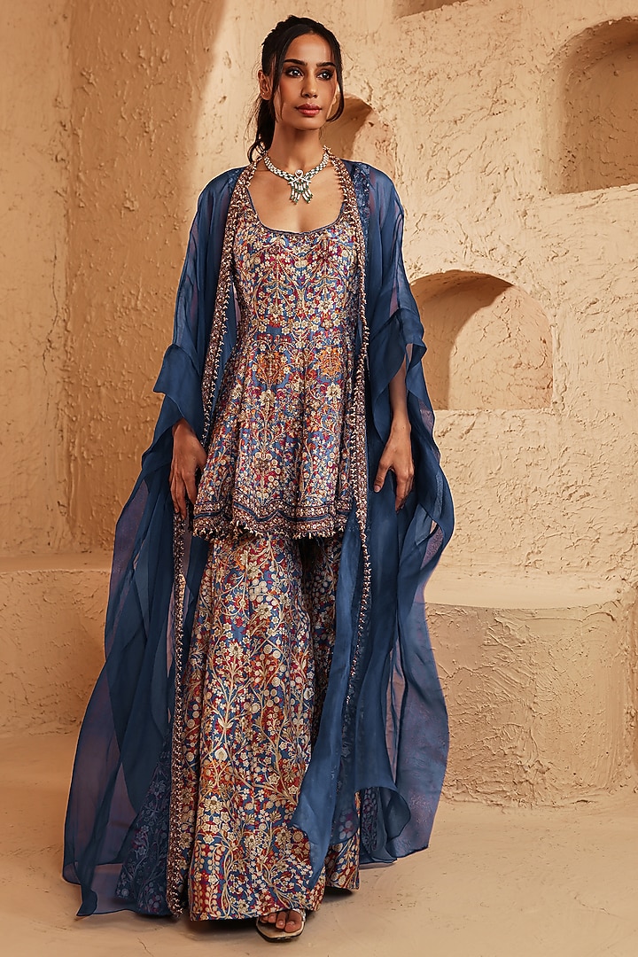 Blue Organza & Chanderi Printed Wedding Sharara Set by Ridhima Bhasin at Pernia's Pop Up Shop