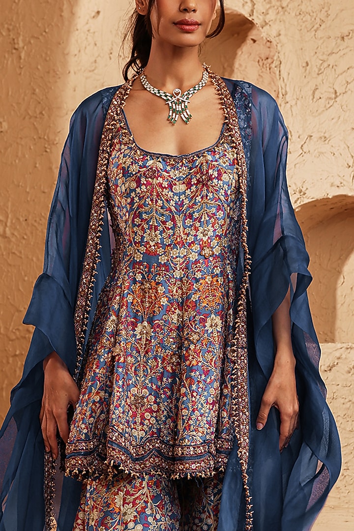 Blue Organza & Chanderi Printed Wedding Sharara Set by Ridhima Bhasin at Pernia's Pop Up Shop