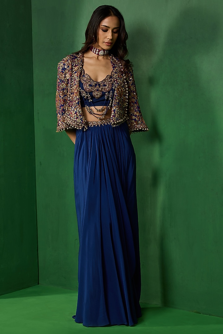 Blue Georgette Draped Skirt Set by Ridhima Bhasin at Pernia's Pop Up Shop