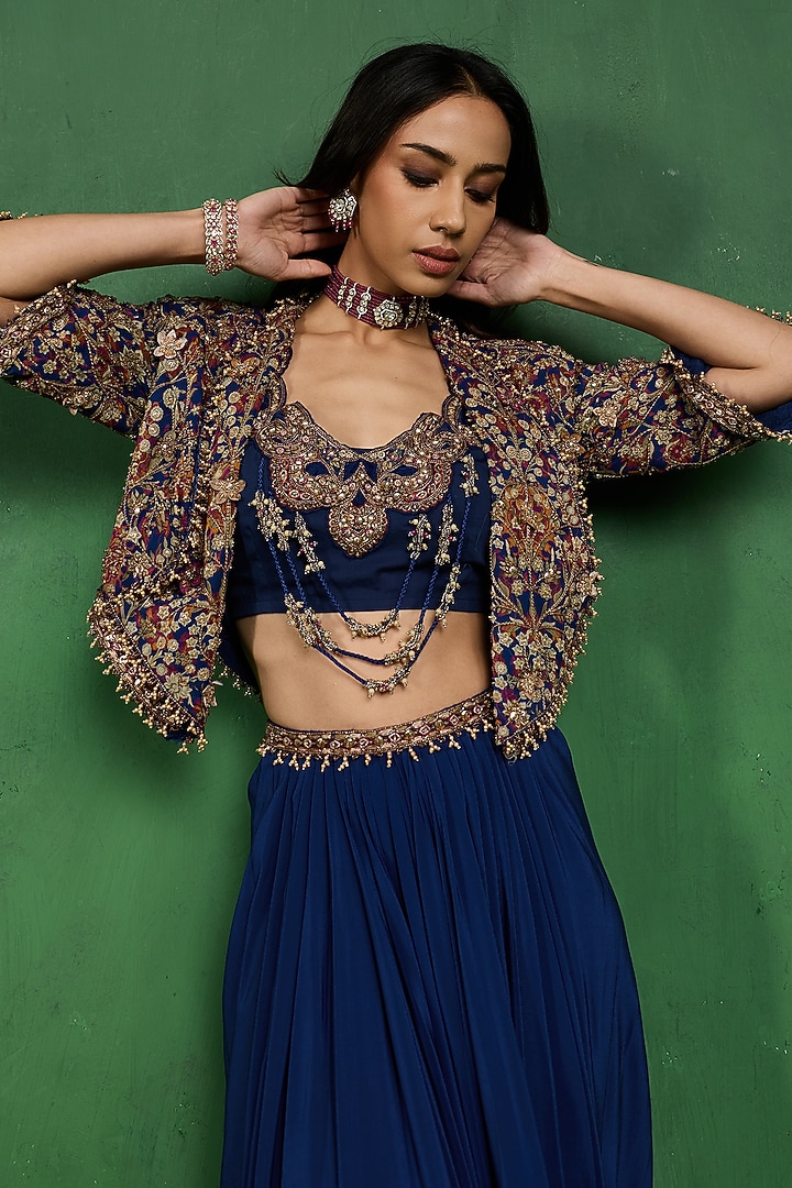Blue Georgette Draped Skirt Set by Ridhima Bhasin at Pernia's Pop Up Shop