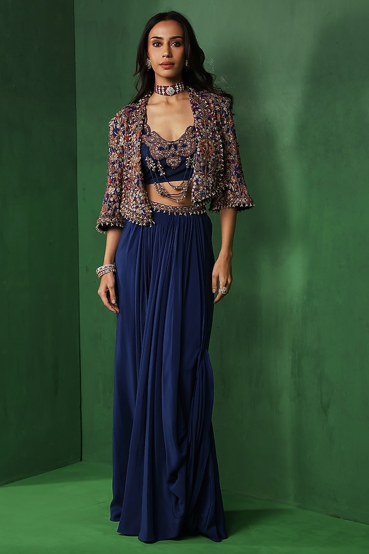 Blue Georgette Draped Skirt Set by Ridhima Bhasin at Pernia's Pop Up Shop