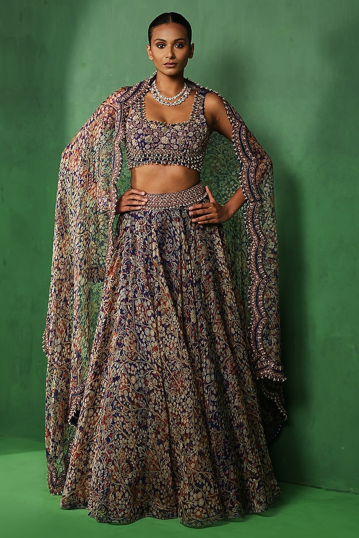 Blue Organza Printed & Embellished Wedding Lehenga Set by Ridhima Bhasin at Pernia's Pop Up Shop